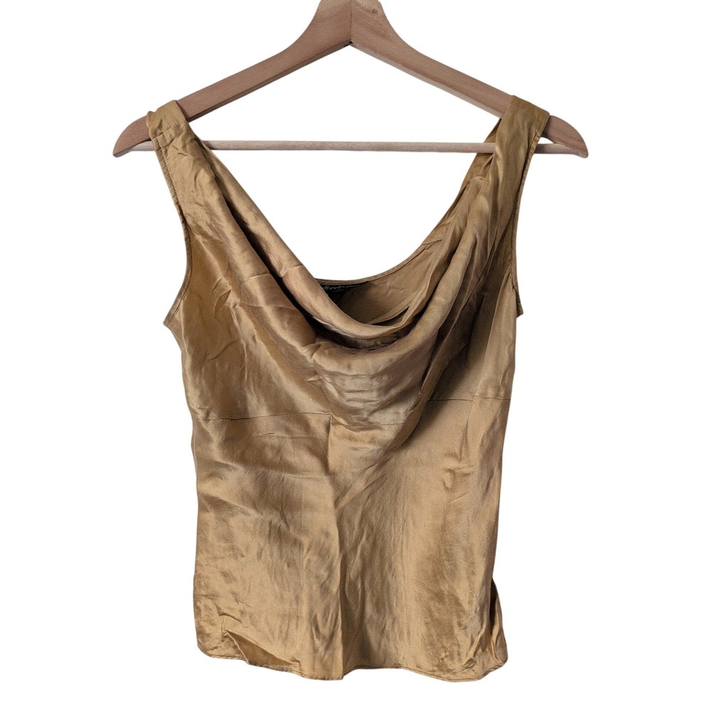 Vintage 90s Petite Gold 100% Silk Cowl Neck Tank Top 4P Coquette Romantic Fairy